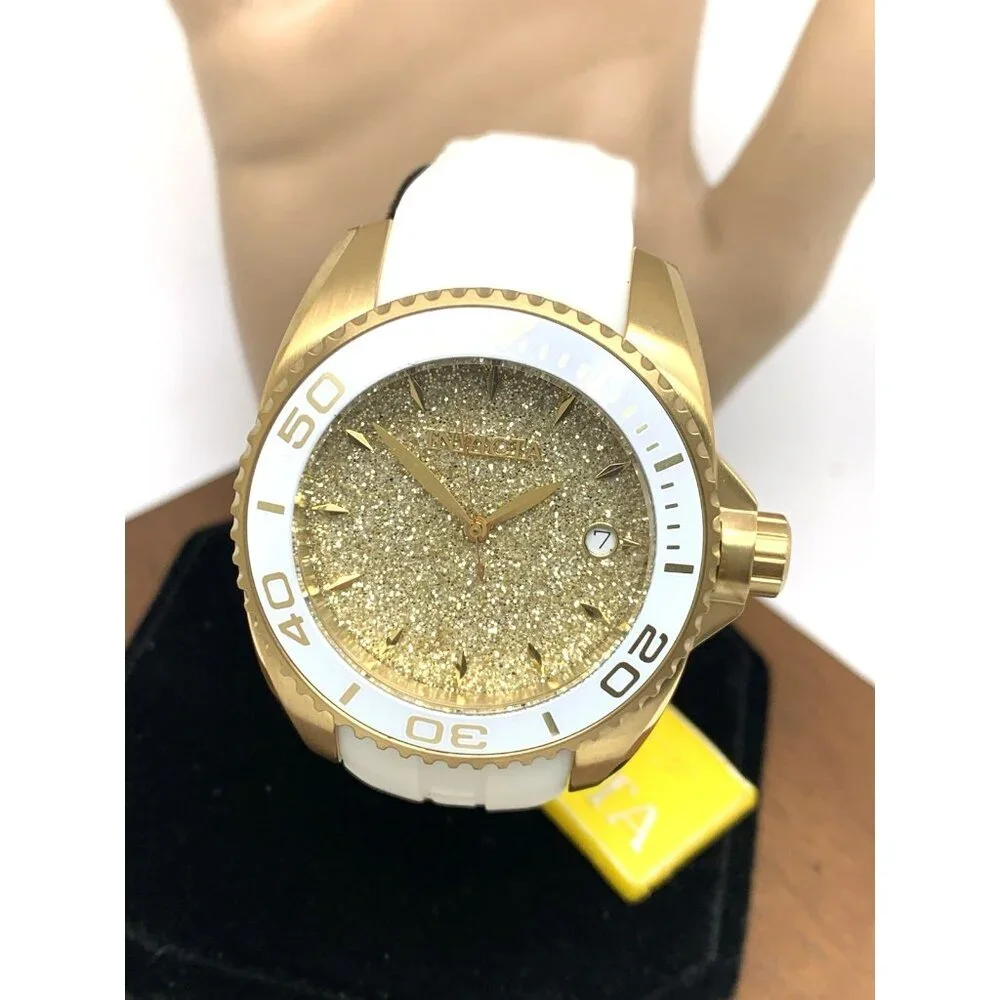 Invicta Women's Watch 22703 Angel Round Analog Date Gold Tone White Rubber Strap